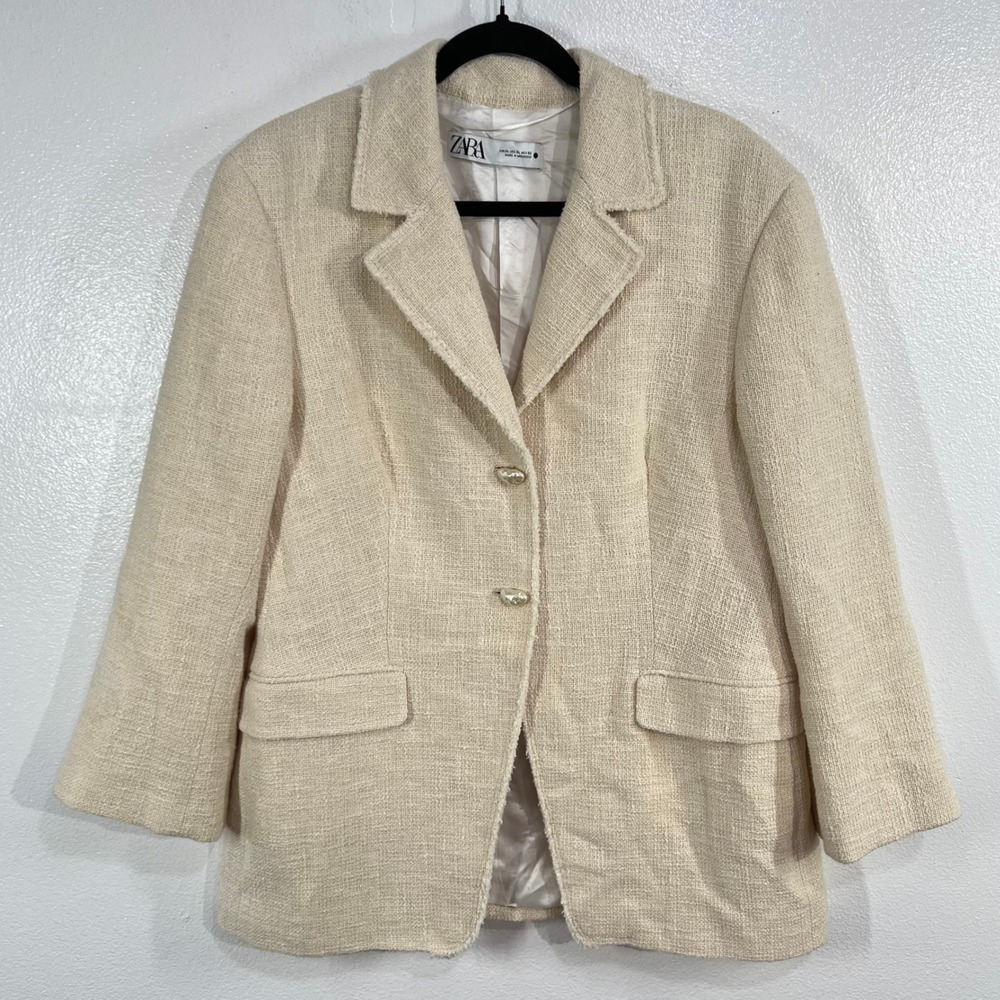 ZARA Textured‎ Cotton Tweed Blazer Jacket Ecru Cream Ivory XL Fully Lined Boho